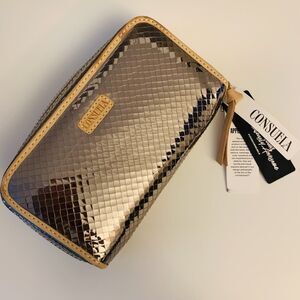 NWT Consuela Kyle Wristlet Wallet Leather Mirrored Silver Clutch Card Holder